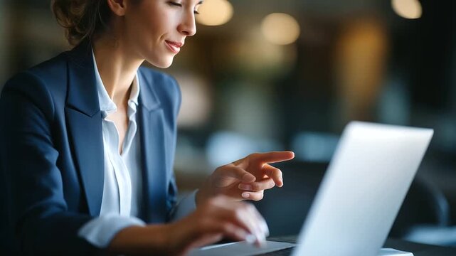 Happy faceless business woman manager explaining software professional elearning webinar employee training office collaboration laptop discussion corporate development