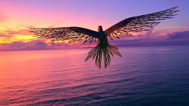 A detailed metal bird soars over an ocean at sunset. The sky and water blend with colorful hues