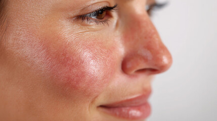 Skin condition symptoms displayed with redness and irritation on the cheek of a young adult facing left in a neutral background