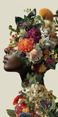 A woman from shoulders up, her face adorned with exquisite flowers