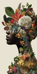 A woman from shoulders up, her face adorned with exquisite flowers