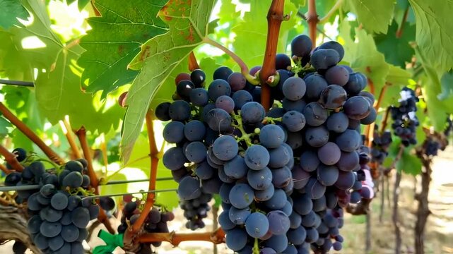 Close-up of ripe, dark grapes on the vine with green leaves. Sunlight filters through