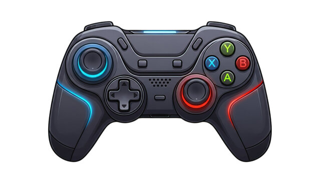 Gaming controller with colorful accents and buttons on transparent background