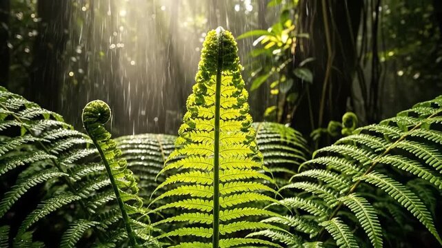 Lush fern fronds thrive under gentle rain in a vibrant forest canopy