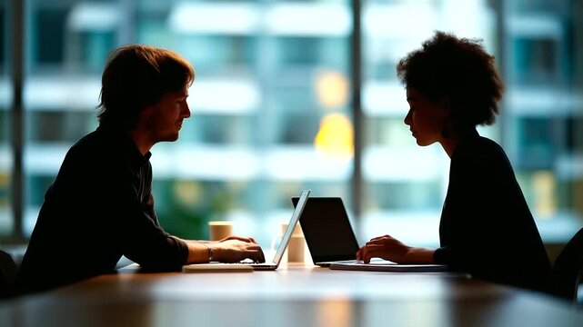 Two faceless professional colleagues collaborating at desk with laptop natural light through windows defocused office background business mentorship concept modern setting cor