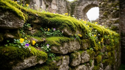 Ancient stone wall covered in vibrant green moss and wildflowers