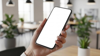 Professional hand holding a mobile phone mockup with white screen in a contemporary coworking space environment