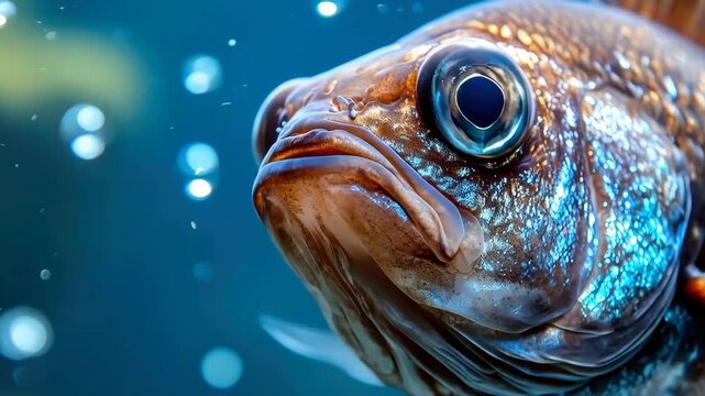 Fish Portrait in the Deep: An aquatic world comes to life, a fish stares out from the underwater, its textures and details illuminated, offering a glimpse into the mysterious depths of the ocean.
