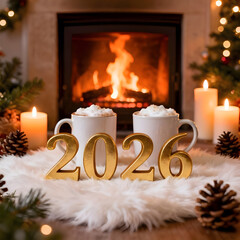 Cozy New Year 2026 Celebration by Fireplace with Warm Winter Atmosphere
