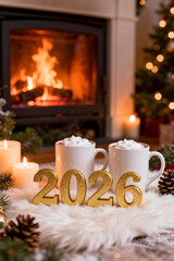 Cozy New Year 2026 Celebration by Fireplace with Warm Winter Atmosphere