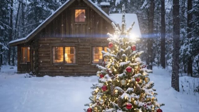 A magical winter scene unfolds with a beautifully decorated evergreen tree in the foreground, generously covered in pristine snow. Warm, glowing string lights intertwine with festive red and gold baub
