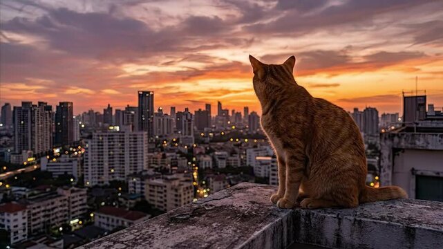 A magnificent domestic cat, with rich orange and brown fur, sits calmly on a weathered concrete rooftop, observing the expansive urban panorama below. The striking sunset sky paints the horizon with v