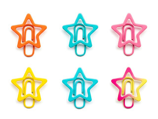 Colorful star-shaped paper clips isolated on white background