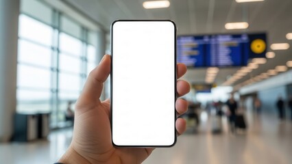 Mobile device mockup with blank screen held by hand in airport terminal