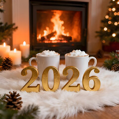 Cozy New Year 2026 Celebration by Fireplace with Warm Winter Atmosphere