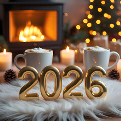 Cozy New Year 2026 Celebration by Fireplace with Warm Winter Atmosphere
