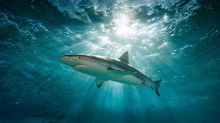 Obraz premium A sleek shark swims through sunlit ocean depths, rays of light piercing the turquoise water, creating a dramatic underwater scene