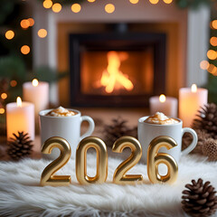 Cozy New Year 2026 Celebration by Fireplace with Warm Winter Atmosphere