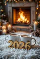 Cozy New Year 2026 Celebration by Fireplace with Warm Winter Atmosphere