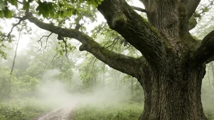 A majestic, ancient tree with lush green foliage stands prominently in the foreground, anchoring a serene forest scene enveloped in a thick, atmospheric mist. A winding, rustic path disappears into th