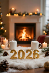 Cozy New Year 2026 Celebration by Fireplace with Warm Winter Atmosphere