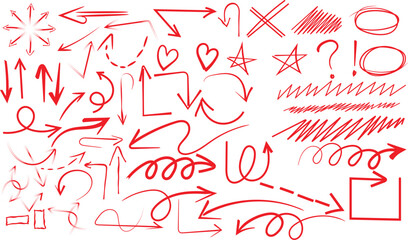Collection of hand drawn red arrows scribbles shapes symbols and design elements on white background.