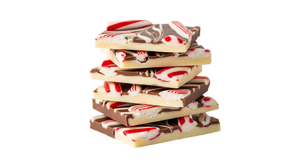 Stack of white and milk chocolate bark, with crushed candy cane pieces, isolated on a white or transparent background, cutout, PNG