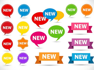 Colorful new badges isolated on white background