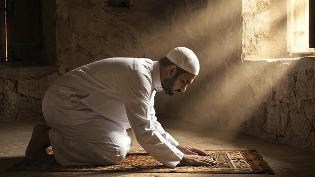 A man in flowing traditional white attire kneels gracefully on a decorative patterned mat within a dimly lit, rustic interior. His head is bowed in a profound gesture of spiritual reverence and quiet 