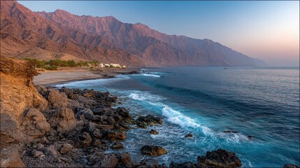 Rocky Coastline with Turquoise Waves and Distant Mountain Range Under Pink and Blue Sky at Sunset