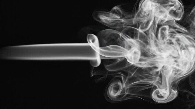 A mesmerizing flow of white smoke gracefully drifts and swirls against a stark, solid black background, creating intricate and ethereal patterns. The dynamic motion captures the delicate dance of vapo