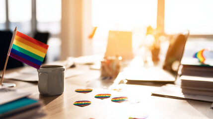 small rainbow flag and pride stickers on office desk