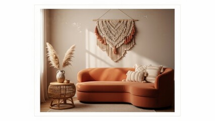 Elegant living room featuring a rounded orange sofa and macrame wall art