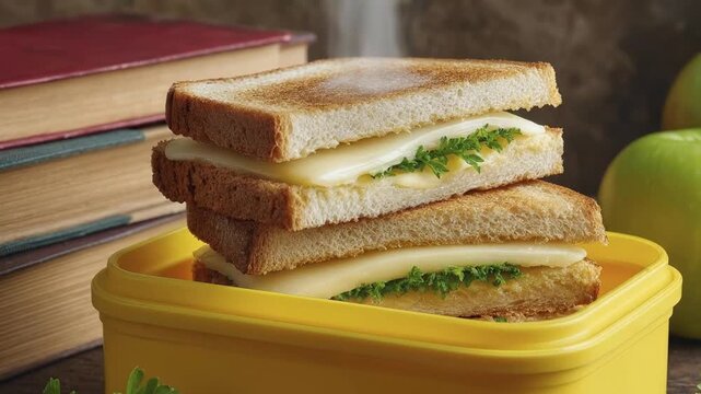 A mouth-watering close-up shot reveals two freshly prepared toasted sandwiches, generously filled with golden, melted cheese and vibrant green herbs, neatly stacked inside a bright yellow reusable foo