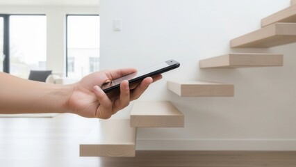 Side angle shot of a hand holding a phone mockup on a modern floating staircase