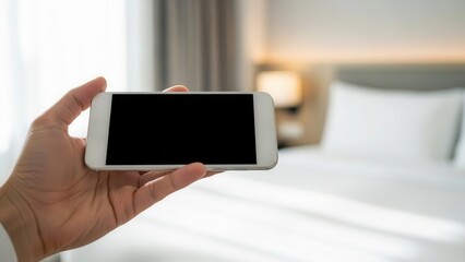 Hand presenting a mobile device with empty screen in a bright, minimalist hotel room