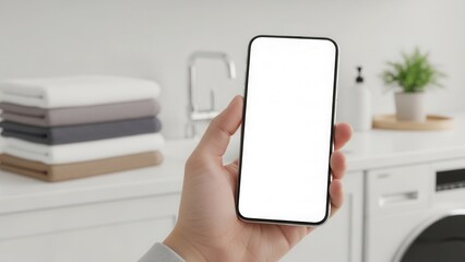 Smartphone mockup with empty display held by hand in minimal laundry room