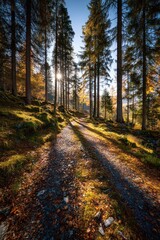 Sun Drenched Forest Trail with Autumnal Foliage and Tall Trees in Golden Light Under a Clear Blue Sky on a Sunny Day during Autumn Season in Finland