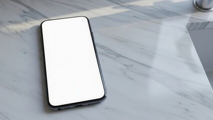 Top down view of a smartphone with copy space screen on a marble kitchen counter