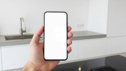 Hand holding a blank screen smartphone against a backdrop of a modern kitchen interior