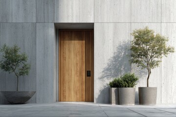 Modern architectural facade features a recessed wooden doorway flanked by potted greenery