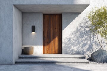 Modern minimalist entryway features natural wood door set in concrete architecture bathed in sunlight