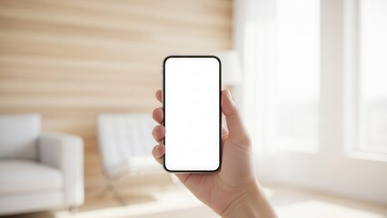 Minimal hand holding smartphone with blank screen in bright scandinavian interior