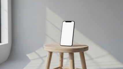 Smartphone mockup positioned on a wooden stool in a bright, minimalist photographer's studio