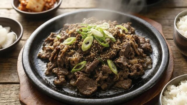 A mouth-watering, sizzling dish of tender, richly glazed sliced meat, garnished with vibrant green onions and toasted sesame seeds, is prominently displayed on a rustic black cast-iron platter. Wisps 