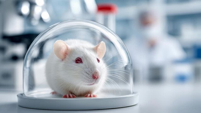 A white lab mouse with pink eyes sits in a transparent dome on a lab table, with a scientist blurred in the background.