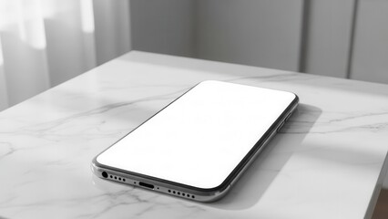 Clean smartphone mockup with empty display resting on a marble surface in a minimalist interior design scene