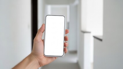 Smartphone mockup with empty display held by hand in minimal home hallway
