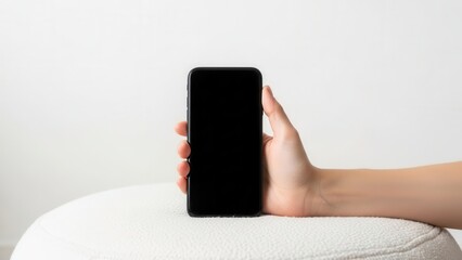 Minimalist composition with a hand holding a blank smartphone on a white pouf