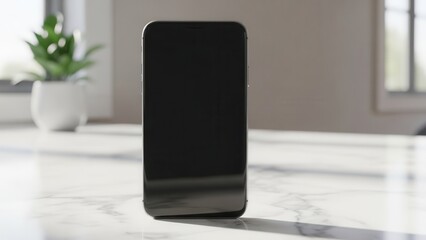 Clean smartphone mockup with empty display resting on a marble surface in a minimalist interior design scene
